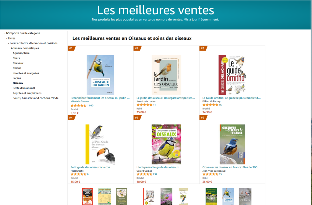 Deuxième des meilleures ventes de livres d'oiseaux sur Amazon