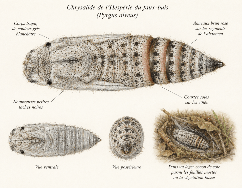Illustration de la chrysalide de l'Hespérie du faux buis réalidée par IA.