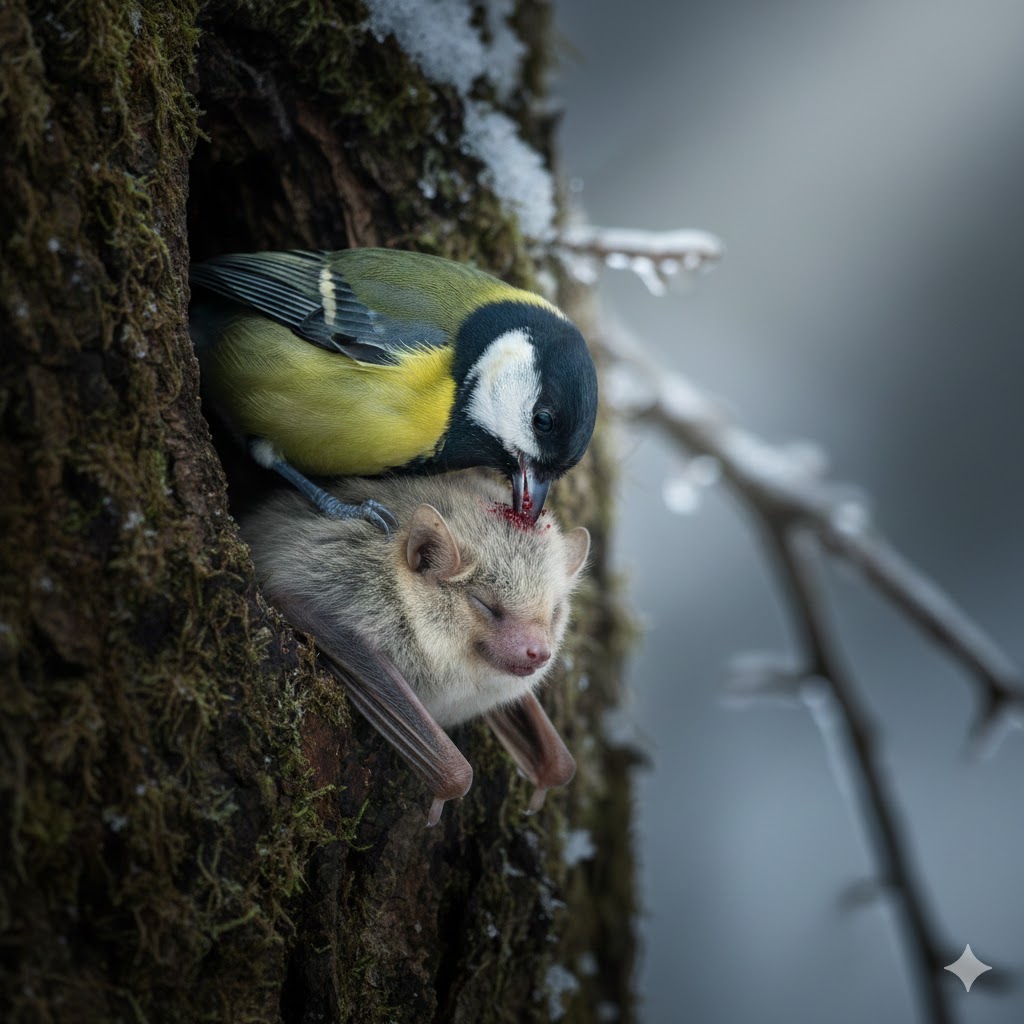 Mésange charbonnière (Parus major) et chauve souris (image generée par IA)