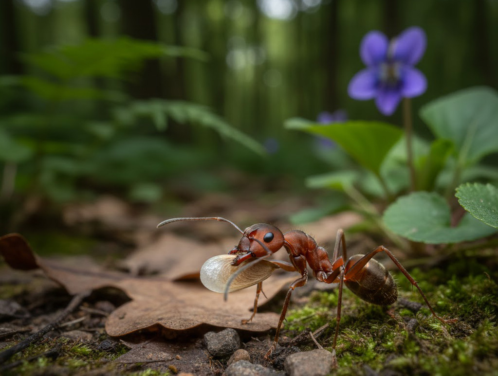 La fourmi vient de se saisir de l'élaiosome de la violette