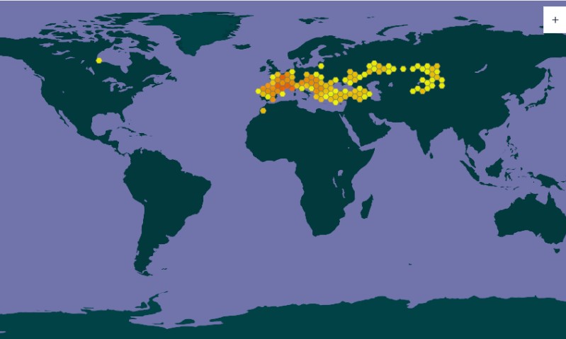 Carte GBIF de la présence du Petit agreste dans le monde 